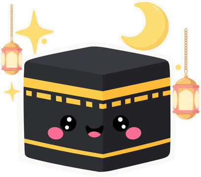 Cute Kawaii Kaaba Mecca with Crescent Moon and Lanterns Islamic Character 