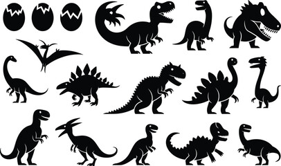 Dinosaur silhouettes collection, prehistoric reptiles with eggs and flying pterodactyl, Jurassic animal icon set illustration isolated on light background © Sarjina's World