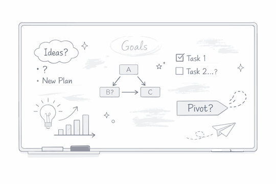 Whiteboards partially erased. Close-up of a whiteboard surface with partial erasure marks, ghosted text and lingering ideas. Scene of ideation, incomplete