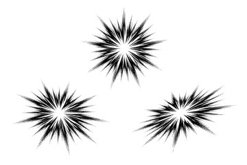 Obraz premium Radial burst shape depicted as one isolated graphic object presented in centered front view, rotated orientation, and three-quarter angled view highlighting