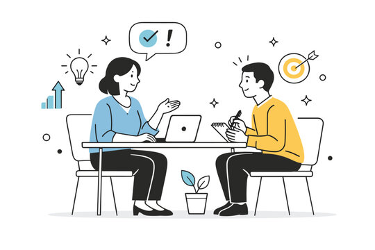 One-on-one feedback conversations. A quiet office scene where one person gives constructive feedback while the other takes notes thoughtfully. Calm