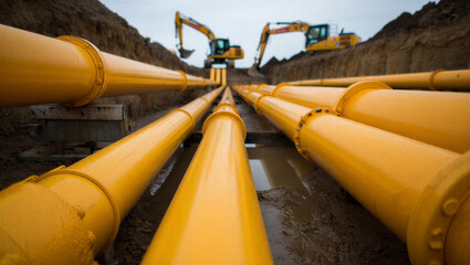 Yellow pipelines laid in a muddy trench with excavators in the background, highlighting infrastructure development. © design goodie