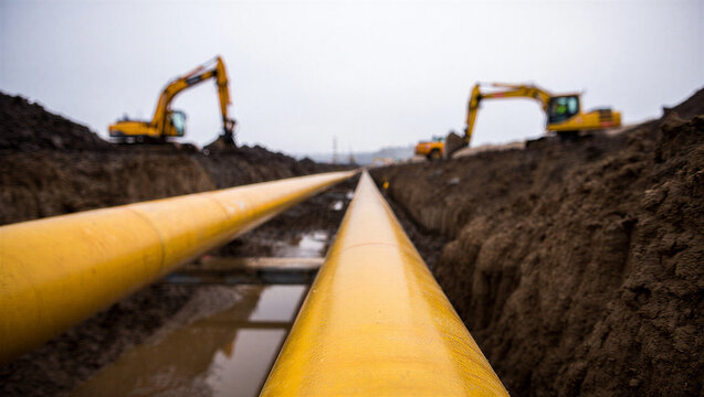 Bright yellow pipelines are laid in a muddy trench at an active construction site, symbolizing industrial development.