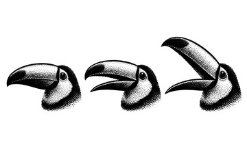 Fototapeta premium Toucan beak with large lightweight structure shown closed, partially open, and fully open positions with accurate curvature and scale. Black and white dot