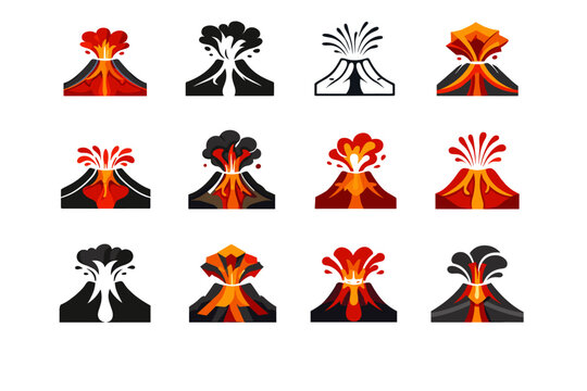 Volcanic eruption. Icon set. Set Logo of Volcanic eruption: volcano cross-section magma chamber. harmonious logo variations of the same emblematic concept,