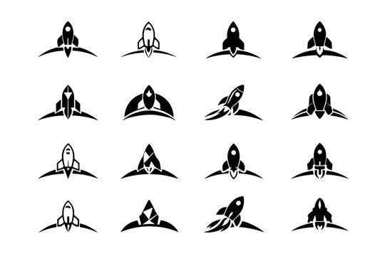 Rocket. Icon set. Set Logo of rocket: rocket trajectory arc. harmonious logo variations of the same emblematic concept, each with different artistic