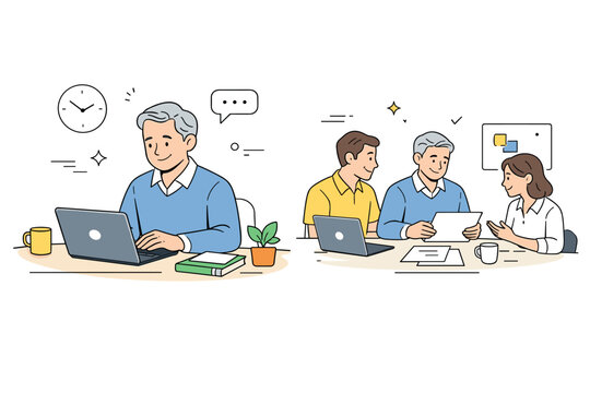 Gray hair everyday normality at work. An older employee sits at a desk or collaborates quietly with colleagues, focused and composed. The atmosphere shows