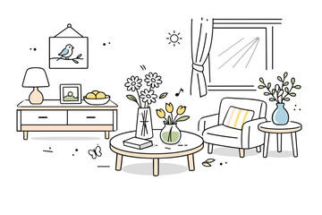 Spring home decor. A calm editorial interior scene with light furniture, fresh flowers in vases, and soft sunlight coming through a window. The mood feels