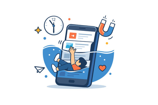 Infinite scroll concept illustrating continuous content flow and difficulty of stopping app usage. A symbolic visual metaphor of immersion, time loss, and