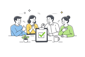 Successful teamwork result. Team celebrating a completed task with subtle positive gestures. Quiet achievement and shared success moment. Minimalist flat