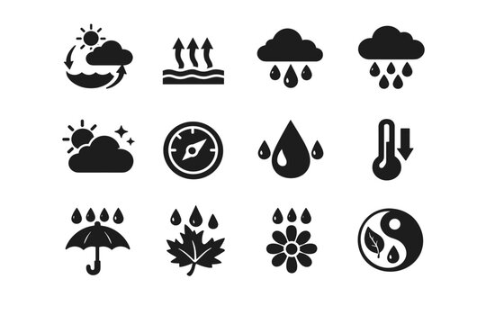 Watching the rain from the window. Solid icon set of Watching the rain from the window: water cycle symbol, evaporation icon, condensation icon, precipitation