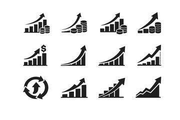 Fototapeta premium Investment Growth. Solid icon set of Investment Growth: rising investment chart, compound growth curve, profit bars, ROI arrow, capital increase graph, wealth