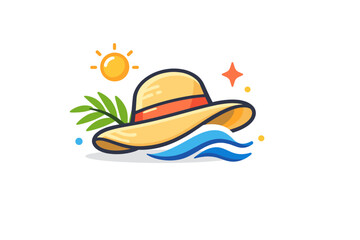 Fototapeta premium Sun hat expressing vacation mood and travel readiness. A light and airy scene with a sun hat combined with a small palm leaf or wave element, conveying rest,