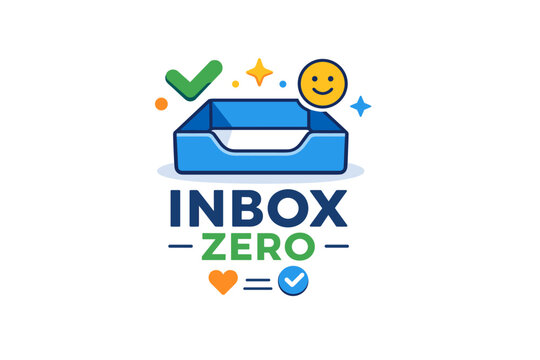 Inbox zero culture captured as a compact editorial badge combining an empty inbox and positive status indicators, communicating achievement, order, and modern