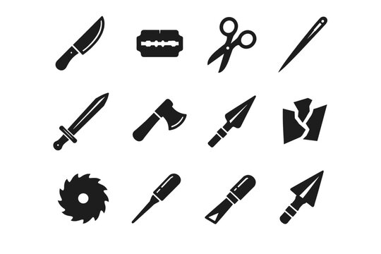 Sharp Objects. Solid icon set of Sharp Objects: kitchen knife, razor blade, scissors, needle, sword blade, axe head, spear tip, broken glass, saw blade, ice