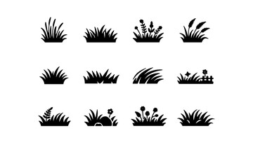 Obraz premium Wild Grass. Solid icon set of wild grass: tall meadow grass, overgrown grass, field weeds, prairie grass, natural grass clump, uneven grass, windy grass,
