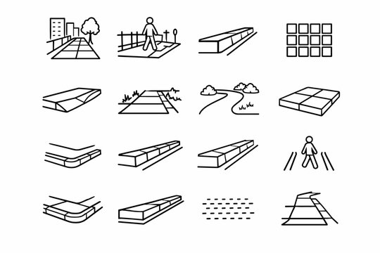 Sidewalk. Line icon set of Sidewalk: city sidewalk, pedestrian walkway, curb edge, paving tiles, sidewalk curb ramp, street edge path, urban footpath, concrete