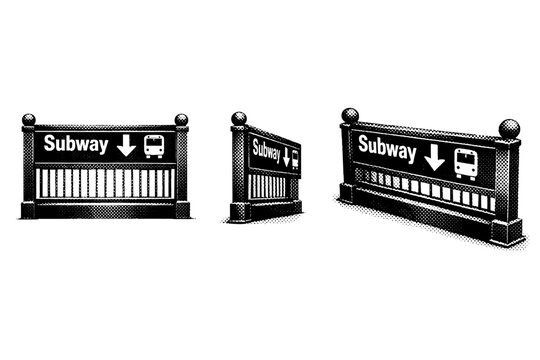 Subway entrance stairhead sign integrated with railing top panel, shown as a single realistic stair entrance sign presented in three views including frontal,