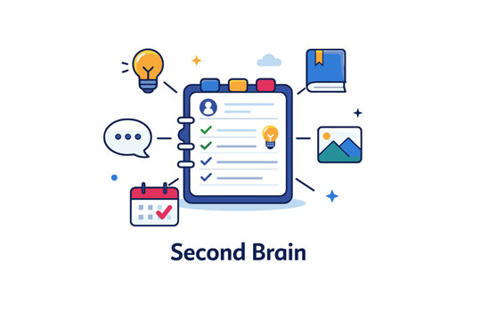 Second brain concept visualized through a central notebook or app interface supported by small idea icons symbolizing captured thoughts and external memory.
