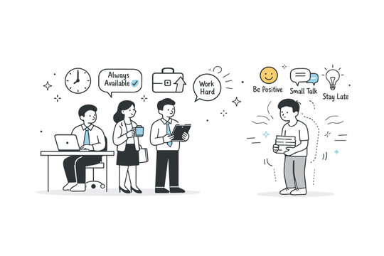 Unspoken workplace expectations. Employees following implicit rules shown as floating icons, one character carefully adapting, invisible pressure and