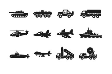 Obraz premium Battlefield Vehicles. Solid icon set of Battlefield Vehicles: main battle tank, armored personnel carrier, military jeep, troop transport truck, attack
