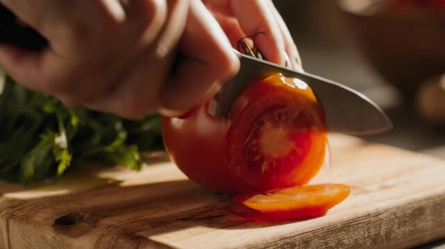 Tomato Knife Skills. Plant-Based & Sustainable Food Preparation. Eco Cooking. of hands slicing ripe tomatoes with a stainless knife, set in a warm home kitchen, with a visual aesthetic
