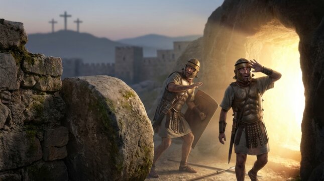 Roman guards shocked at empty tomb of Jesus Christ during Resurrection. Biblical scene with soldiers at burial cave. Christian Easter event depiction for religious education illustration.
