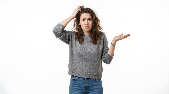 Confused young woman in a grey sweater scratching her head and shrugging, looking puzzled and unsure. Isolated portrait on a white background