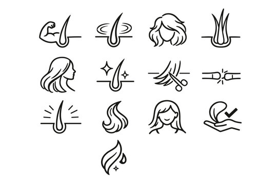 Healthy Hair Results. Line icon set of Healthy Hair Results: strong hair strand, smooth hair, volume hair, thick hair, long hair, glossy shine, healthy ends,