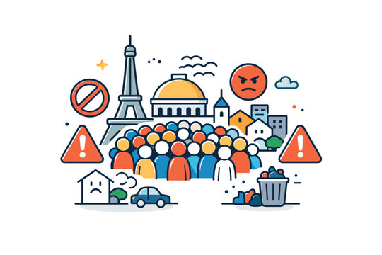 Overtourism backlash urban pressure illustrated through crowded landmarks surrounded by warning symbols, expressing strain on local life and growing public