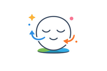 Mindful breathing practice shown as a simple face icon with closed eyes and soft inhale exhale arrows, expressing calm awareness stress relief and inner