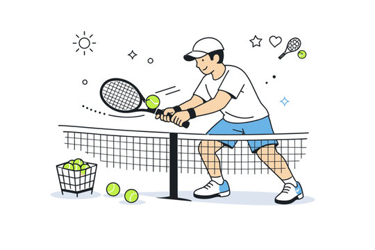 Tennis season opening drills ? volley and net control. A friendly scene with a player practicing soft volleys near the net, controlled posture and short