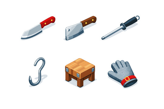 ButcherTools. Isometric flat vector icons set of ButcherTools: butcher knife, meat cleaver, sharpening steel rod, meat hook, cutting table block, protective