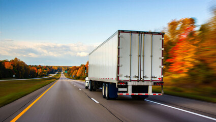 A white semi-truck speeds down an open highway bordered by vibrant autumn trees, symbolizing efficient freight transportation. © design goodie