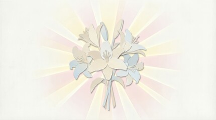 Obraz premium Bouquet of delicate paper cut lily flowers with subtle sunburst background. Floral art for greeting card, wedding invitation, Easter.