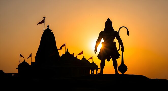 Majestic silhouette of lord hanuman with mace standing on cliff near river at sunset in front of hindu temple religious festival spiritual vector graphic hanuman jayanti