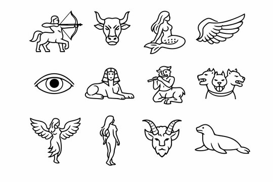 Mythical Creatures. Line icon set of Mythical Creatures: centaur archer, minotaur head, siren figure, pegasus wings, cyclops eye, sphinx pose, satyr flute,