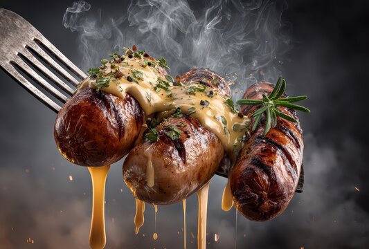 A fork impales several grilled sausages covered in a luscious cheese sauce and fresh herbs, with steam rising and a smoky ambiance enhancing the appeal.