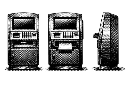 Ticket Machine ? Compact kiosk ticket machine shown in closed idle state, paper exit open view, and side thickness profile, represented as one consistent