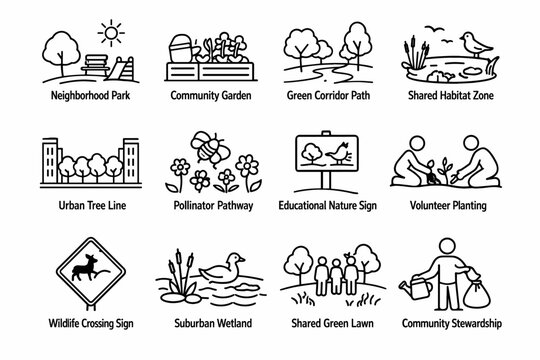 Community Green Spaces. Line icon set of Community Green Spaces: neighborhood park, community garden, green corridor path, shared habitat zone, urban tree