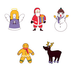 Fototapeta premium Festive Christmas holiday illustrations set with Santa and seasonal figures