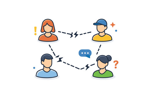 Remote worker invisibility collaboration gap visualized by disconnected avatars linked by broken lines, expressing weak team bonds and fragmented