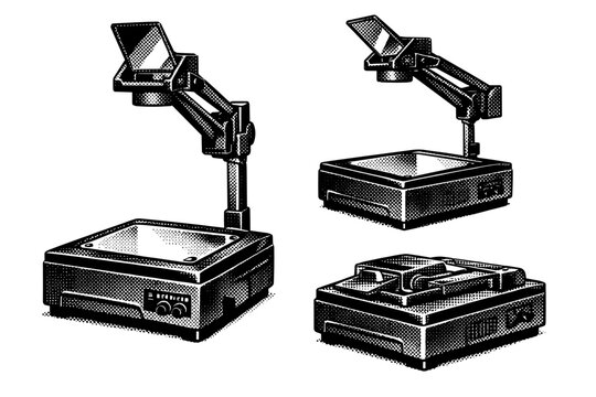 Overhead projector ? foldable arm overhead projector. A realistic fold-arm overhead projector depicted as a single object in three views emphasizing