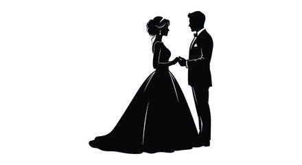 Silhouetted couple in wedding attire holding hands facing each other in a formal pose high quality