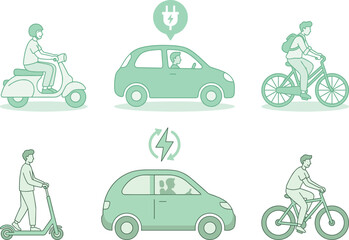 Naklejka premium Green eco friendly transportation illustration set with electric car, bicycle, scooter and urban mobility concepts for sustainable city travel and clean energy transport