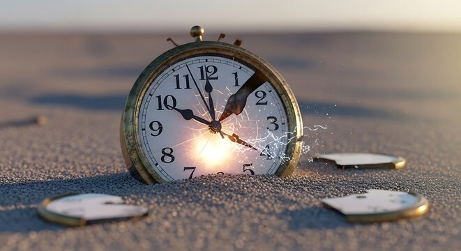 Broken clock in sand