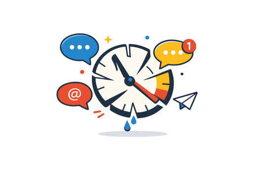 Attention economy productivity loss concept built around a clock fragmented by message bubbles, expressing distraction, time leakage, and reduced deep work.