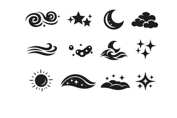 Fototapeta premium Dreamy Night. Solid icon set of Dreamy Night: swirling night sky, dreamy stars, soft moon, floating clouds, night breeze lines, glowing dots, fantasy night