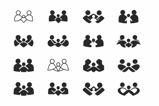 Co-parenting in separated families. Icon set. Set Logo of Co-parenting in separated families: linked adult figures. harmonious logo variations of the same