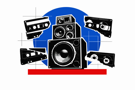 black and white retro speaker stack cut-out with white outline, bold electric blue circle behind the speakers, fragmented cassette tape elements layered across